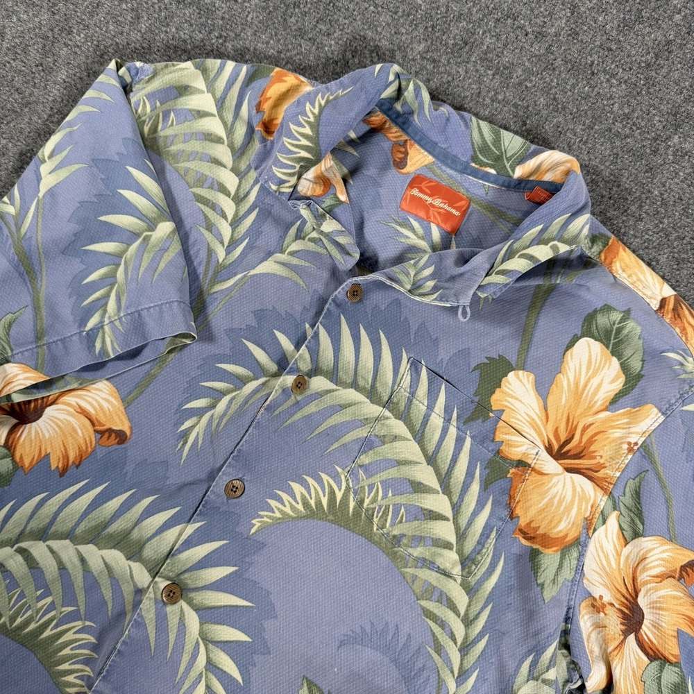 Tommy Bahama‎ Shirt Mens Large Blue 100% Silk Hawaiian Floral Button Up Camp